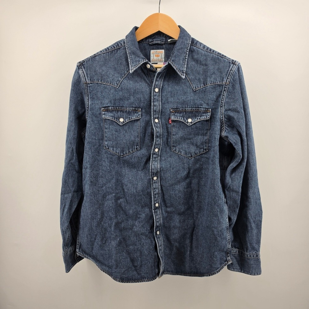 Levis Barstow Western Denim Shirt Mens Large Dark Wash Pearl Snap Thermoadapt